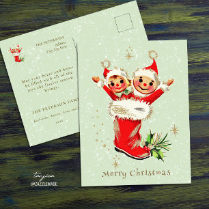 Carte Postale Cuisine Vintage Rétro Elfes de Noël Sage Vert