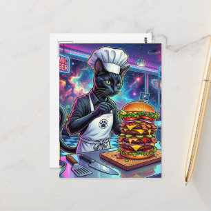 Carte Postale Cuisinier Chat Noir Réalisant un Cheeseburger dans