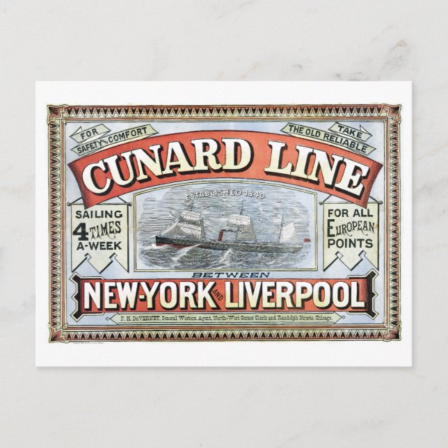 Carte Postale Cunard Line New York Liverpool 1875 (Devant)