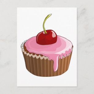 Carte Postale Cupcake avec givre rose et cerise sur le dessus