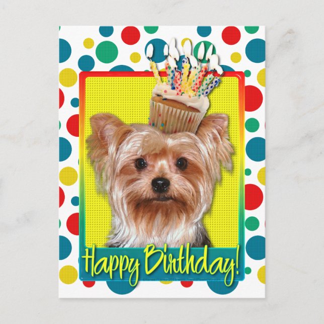 Carte Postale Cupcake d'anniversaire - Yorkshire Terrier (Devant)