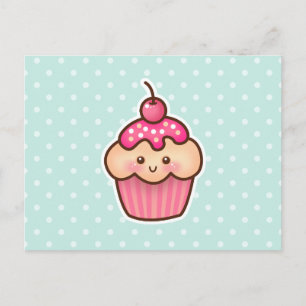 Carte Postale Cupcake rose Kawaii et Pois bleu Mint