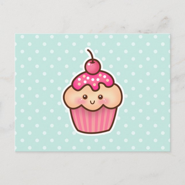 Carte Postale Cupcake rose Kawaii et Pois bleu Mint (Devant)
