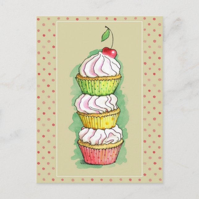 Carte Postale cupcakes à l'aquarelle. Illustration de cuisine. (Devant)
