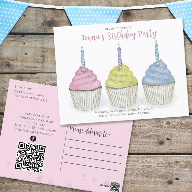 Carte Postale Cupcakes Aquarelle Cute QR Code Médias sociaux (Créateur téléchargé)