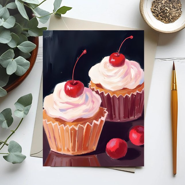 Carte Postale Cupcakes aux Cerises | Peinture Aquarelle de Céléb (Créateur téléchargé)