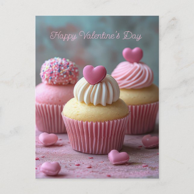 Carte Postale Cupcakes roses avec coeurs Saint Valentin (Devant)