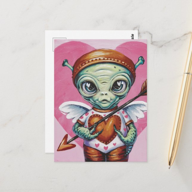 Carte Postale Cupidon de la Saint-Valentin Alien (Devant/Arrière en situation)
