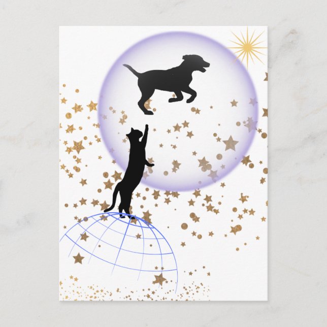 Carte Postale Curieux chat et chien courant (Devant)