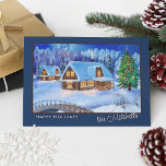 Carte Postale Custom Happy Holidays Winter Wonderland Aquarelle<br><div class="desc">Classy unique, jolie et décorative carte de voeux de Noël avec un paysage enneigé de rêve hiver merveilleux. Avec espace pour personnaliser ou customiser avec votre nom de famille. Et un message poème sincère sur le dos de la carte, qui peut être ajusté avec un texte personnel et signé à...</div>