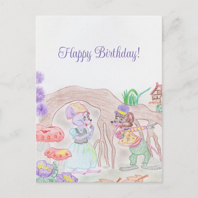 Carte Postale Custom Kids Artwork, deux mignonnes souris, fleurs (Devant)