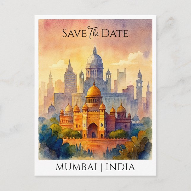 Carte Postale Customisé Enregistrer la date Mumbai India Aquarel (Devant)