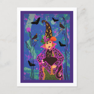 Carte postale customisée Crazy Cat Witch Halloween