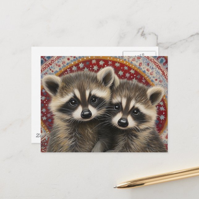 Carte Postale Cute Adorable Baby Raccoons Boho (Devant/Arrière en situation)