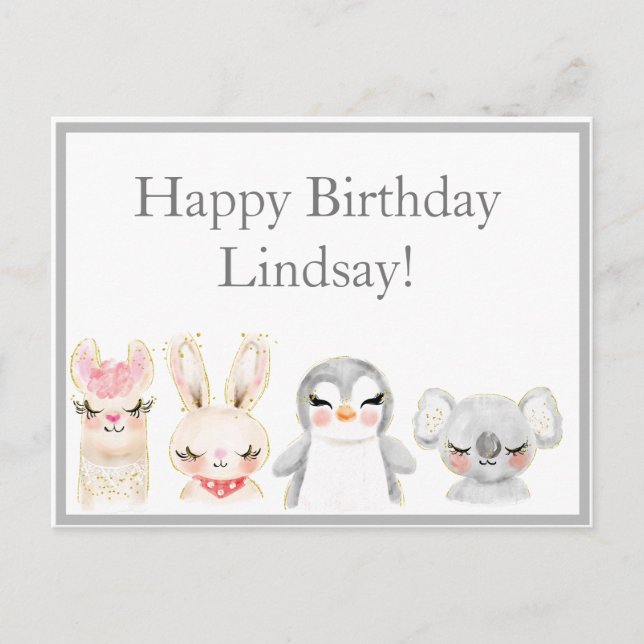 Carte Postale Cute Animaux Aquarelle Typographie Anniversaire (Devant)