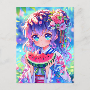Carte Postale Cute Anime Girl Manger Watermelon sur une journée 
