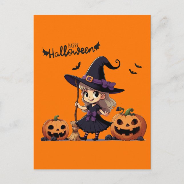 Carte Postale Cute, anime sorcière Halloween (Devant)