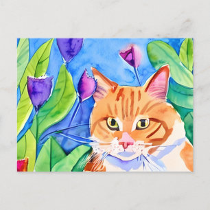 Carte Postale Cute Aquarelle Chat Orange   Maintenir le contact