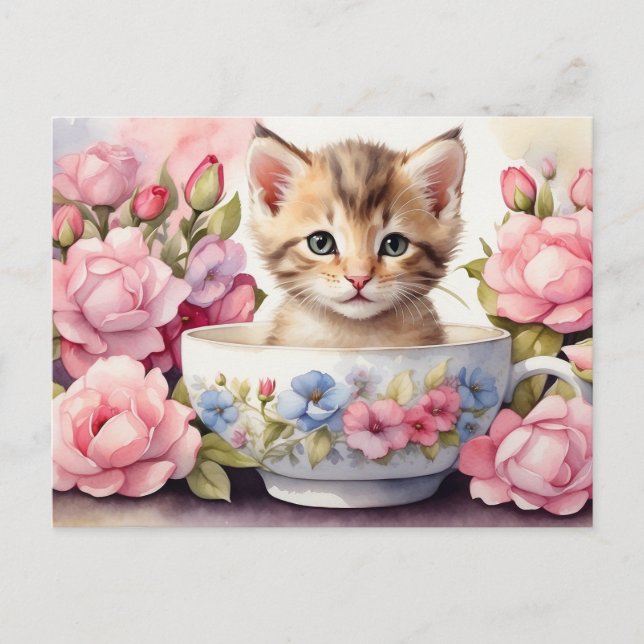 Carte Postale Cute Aquarelle Kitten en Floral Teacup (Devant)