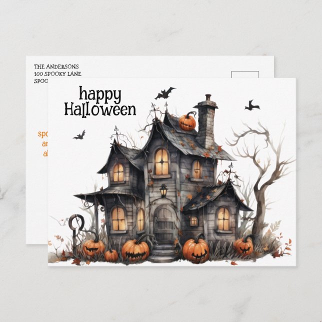 Carte Postale Cute Aquarelle Maison Hantée Halloween (Devant / Derrière)