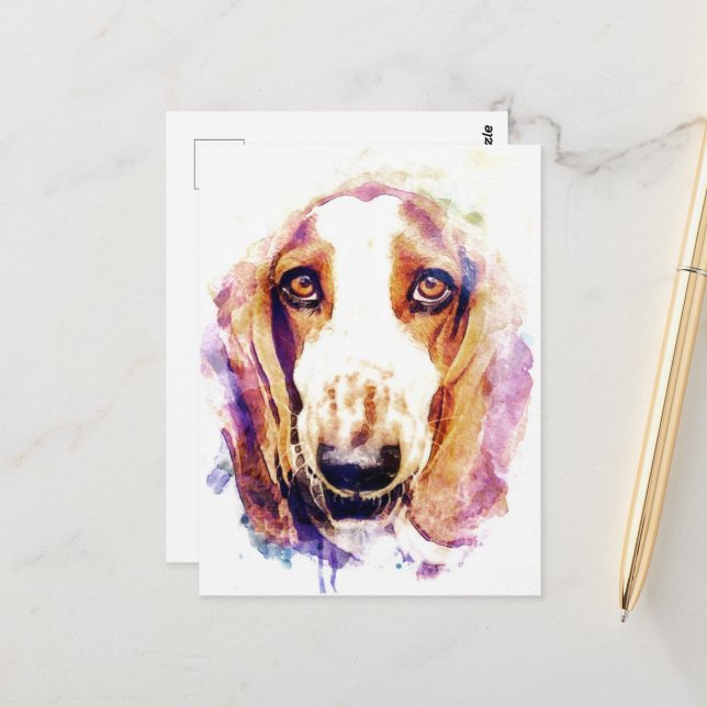 Carte Postale Cute Basset Hound Dog Face Aquarelle (Devant/Arrière en situation)