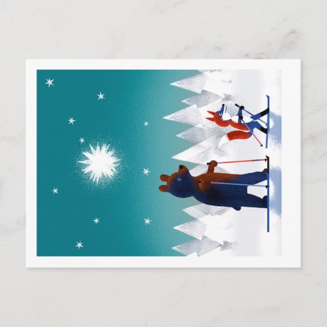 Carte Postale Cute Bear and Fox skiing under stars in a forest (Devant)
