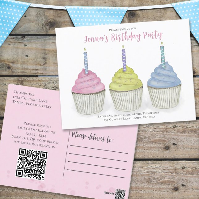 Carte Postale Cute Birthday Watercolor Cupcakes QR Code Website (Créateur téléchargé)