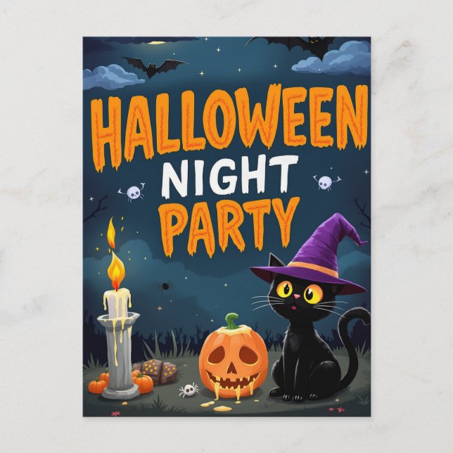 Carte Postale Cute Black Cat Witch Halloween Night Party (Devant)