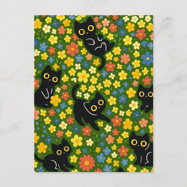 Carte Postale Cute Black Cats Floral Meadow Pattern (Devant)