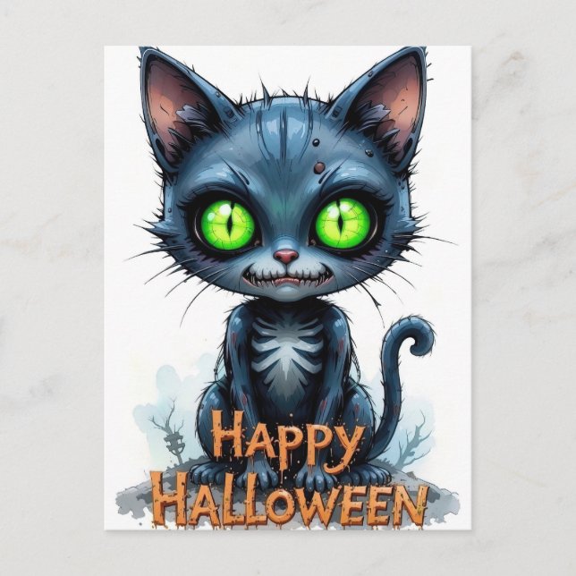 Carte Postale Cute Black Kitten Halloween Amoureux des chats lun (Devant)