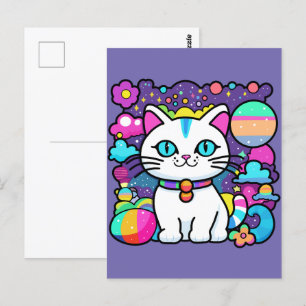Carte Postale Cute blanc Cosmique Espace Kitty Chat
