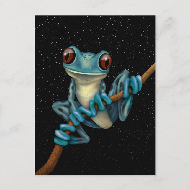 Carte Postale Cute Bleue Frog Arbre sur une branche avec des éto (Devant)