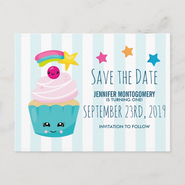 Carte Postale Cute Blue Cupcake Anniversaire Enregistrer la date (Devant)
