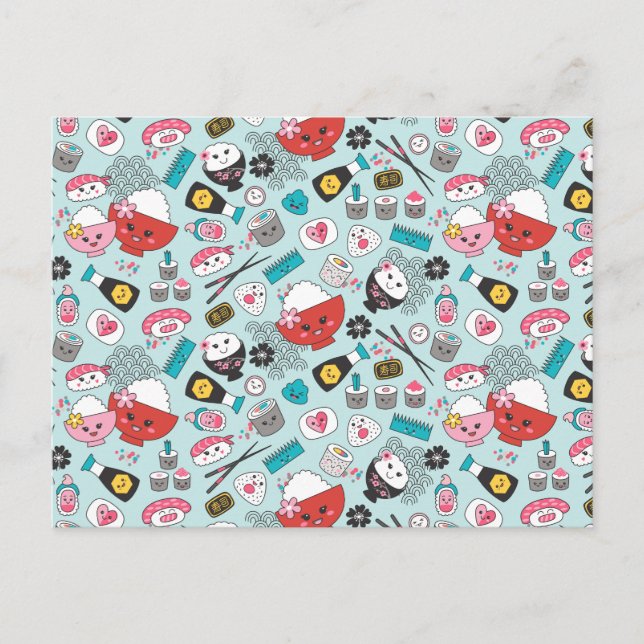Carte Postale Cute Blue Kawaii Sushi (Devant)