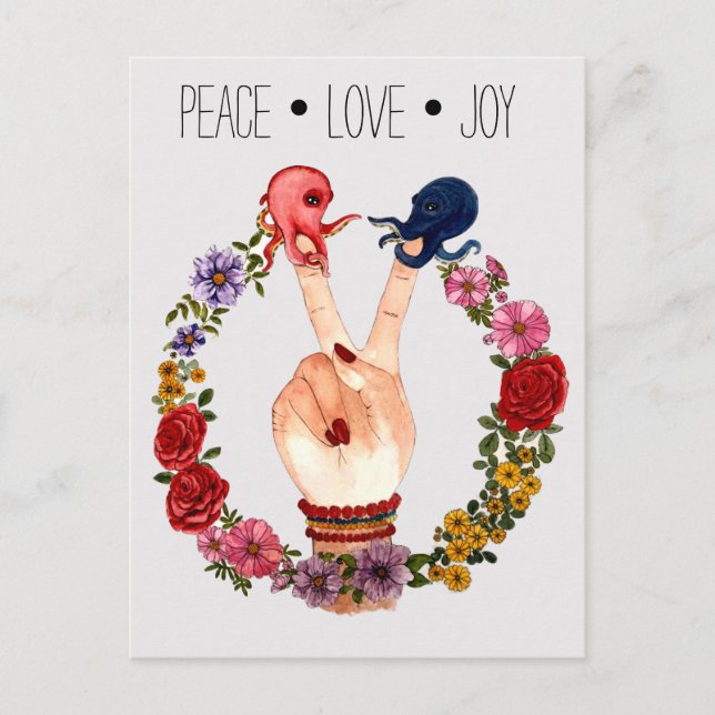 Carte Postale Cute Boho Aquarelle Florale Octopus Paix Amour Joi (Devant)