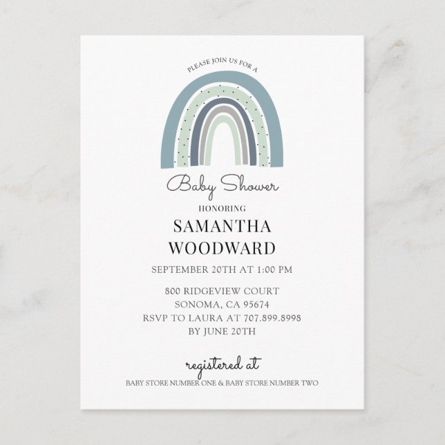 Carte Postale Cute Boho Blue Rainbow Baby Boy Shower Invitation (Devant)