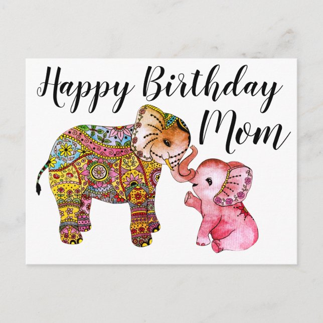 Carte Postale Cute Boho Elephant Joyeux Anniversaire mère (Devant)