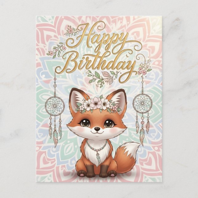 Carte Postale Cute Boho Fox Happy Birthday Card with Dreamcatche (Devant)