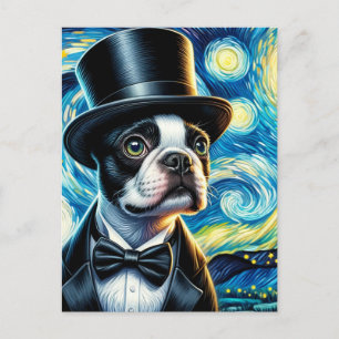 Carte Postale Cute Boston Terrier dans un Tophat Van Gogh