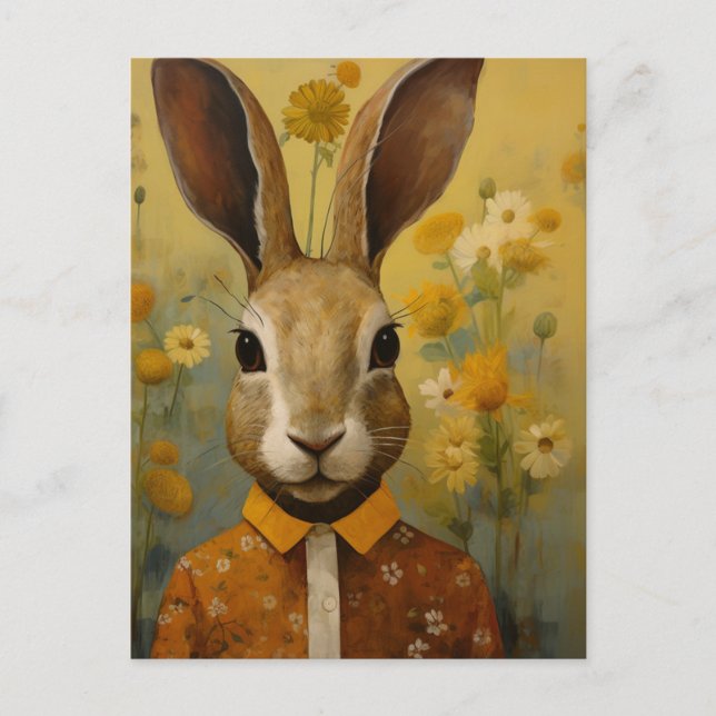 Carte Postale Cute Brown Rabbit in a Floral Shirt (Devant)