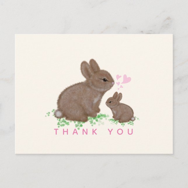 Carte Postale Cute Bunnies Coeurs Fille Baby shower Merci (Devant)