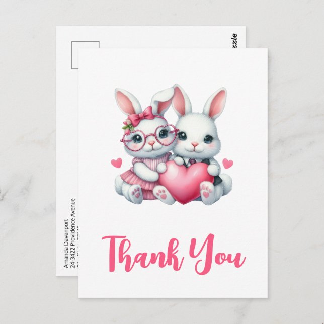 Carte Postale Cute Bunnies Sharing a Heart Thank You (Devant / Derrière)