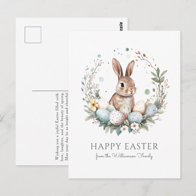 Carte Postale Cute Bunny Oeufs Garland Wreath Personnalisé Pâque (Devant / Derrière)