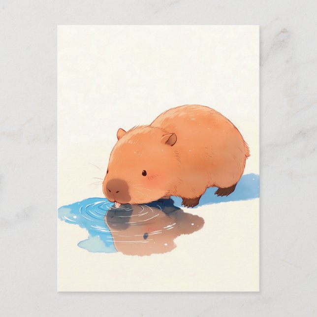 Carte Postale Cute Capybara Drinking from Blue Puddle (Devant)