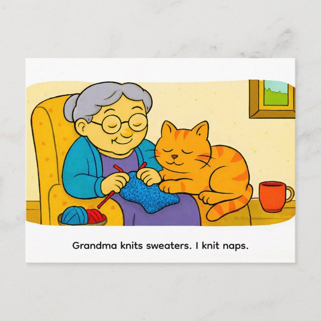 Carte Postale Cute Cartoon Cat Resting on Knitting Grandma (Devant)