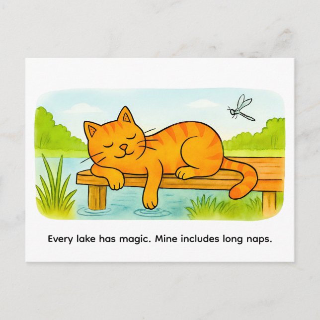 Carte Postale Cute Cartoon Cat Resting on Wooden Dock (Devant)