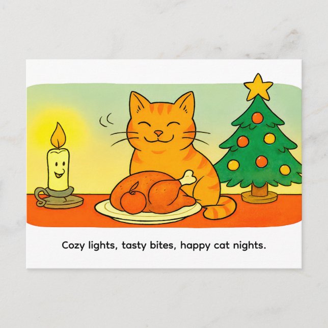 Carte Postale Cute Cartoon Cat Sitting by Christmas Candle (Devant)