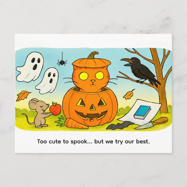 Carte Postale Cute Cartoon Cat Sitting in Pumpkin Costume (Devant)