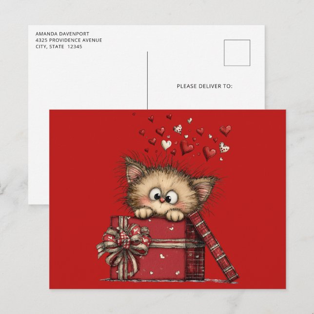 Carte Postale Cute Cartoon Kitten with Hearts (Devant / Derrière)