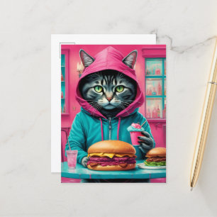 Carte Postale Cute Cat dans le dîner avec un Cheeseburger Feast